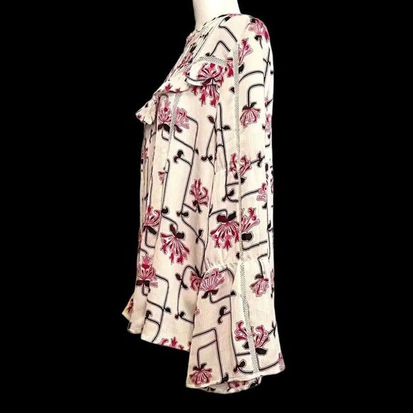 Ann Taylor White Floral Bell Sleeve Ruffle Blouse - Picture 3 of 9